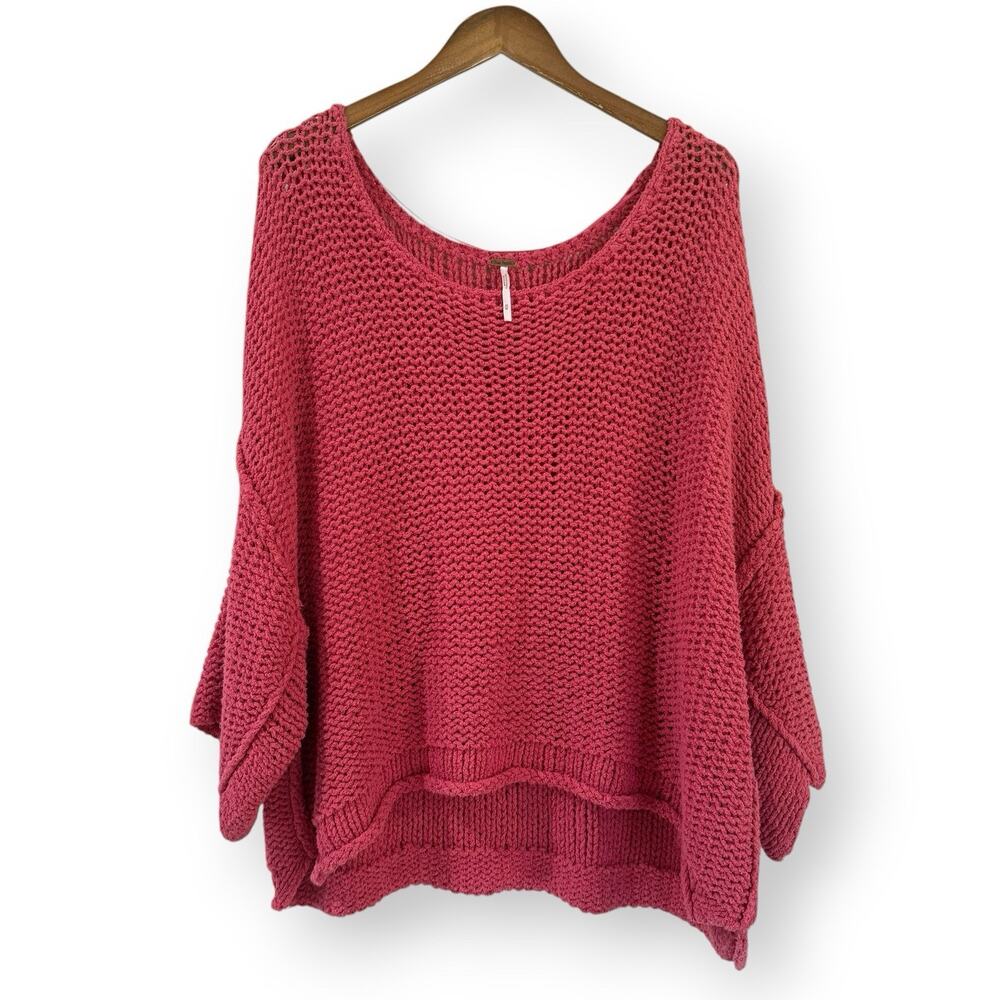 Free People Coral Pink Chunky open Knit Scoop Neck Sweater boho beachy